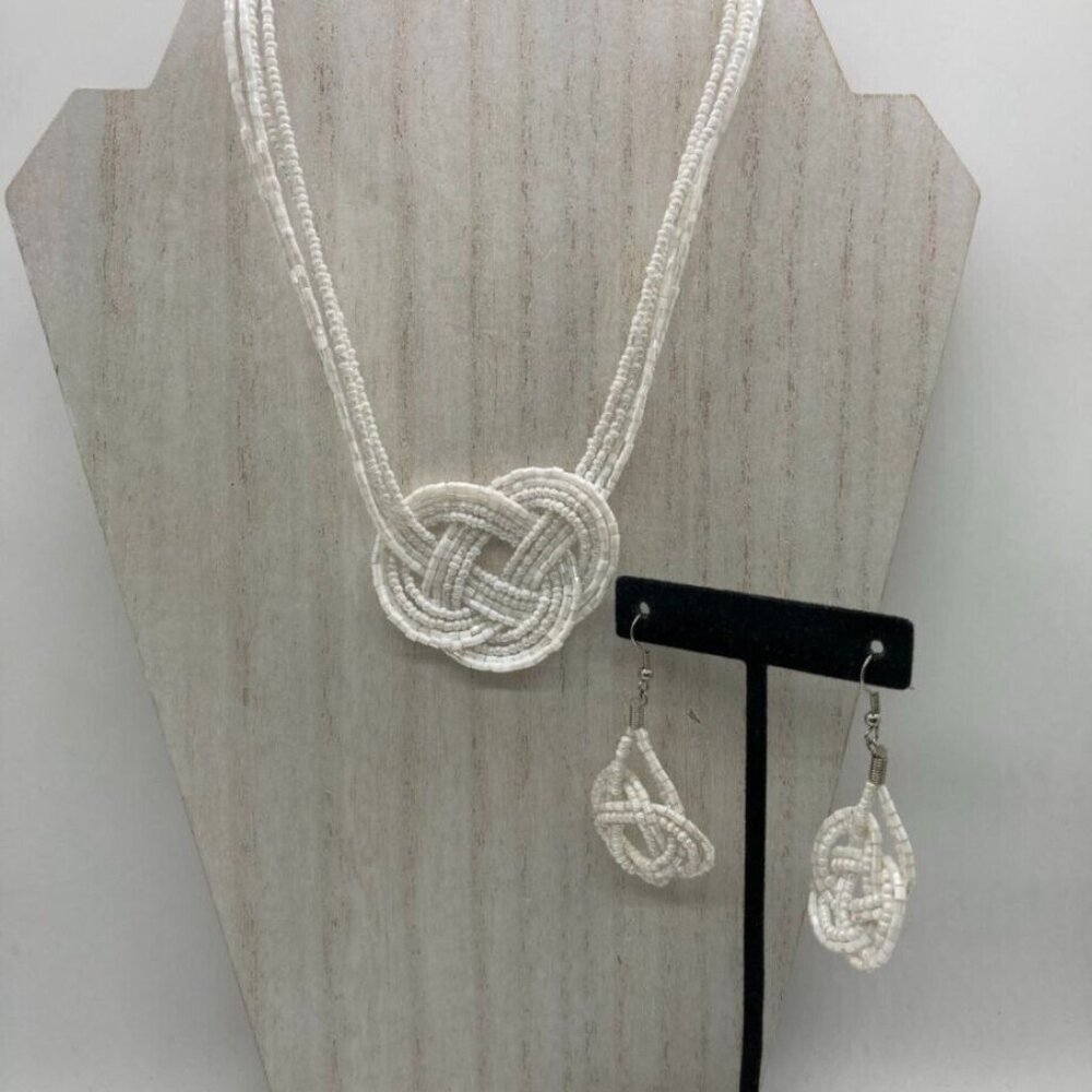 Vintage Seed Bead Multi Strand Knot Set 16" Necklace Pierced‎ Earrings White